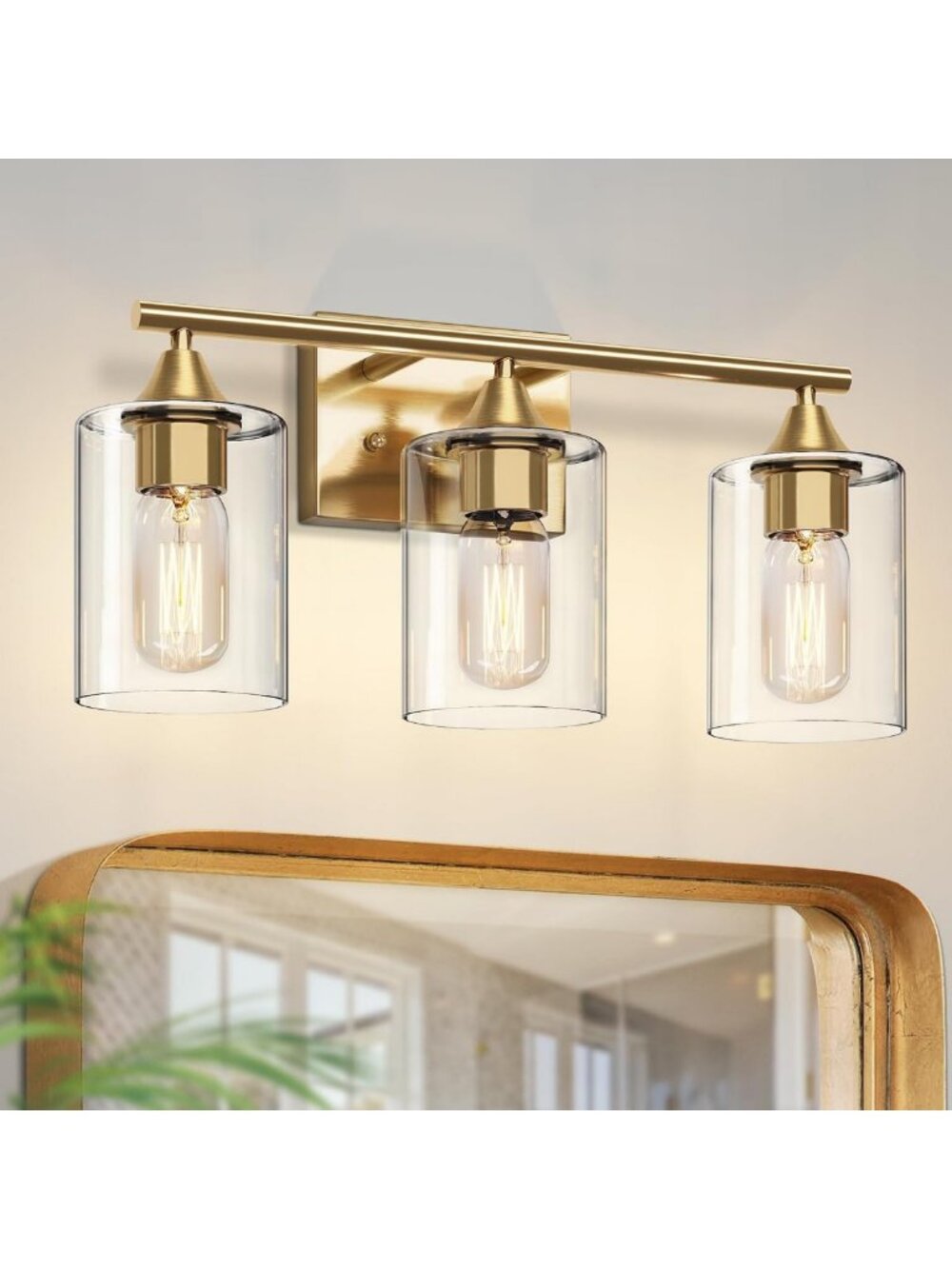 Modern 3-Light Gold Vanity Wall Sconce, Brushed Brass Bathroom Lighting Fixture